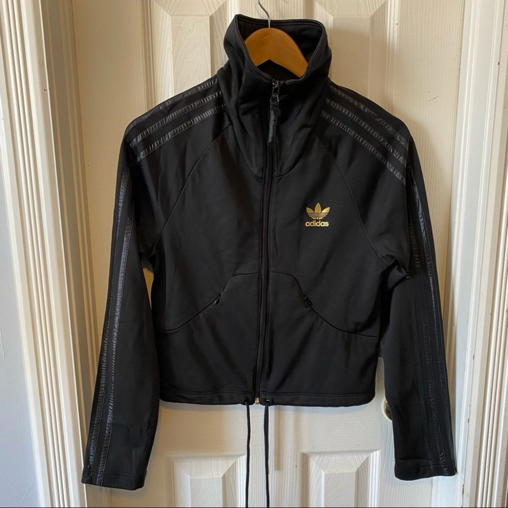 Adidas trefoil women’s full zip high neck track jacket satin 3 stripes - small
